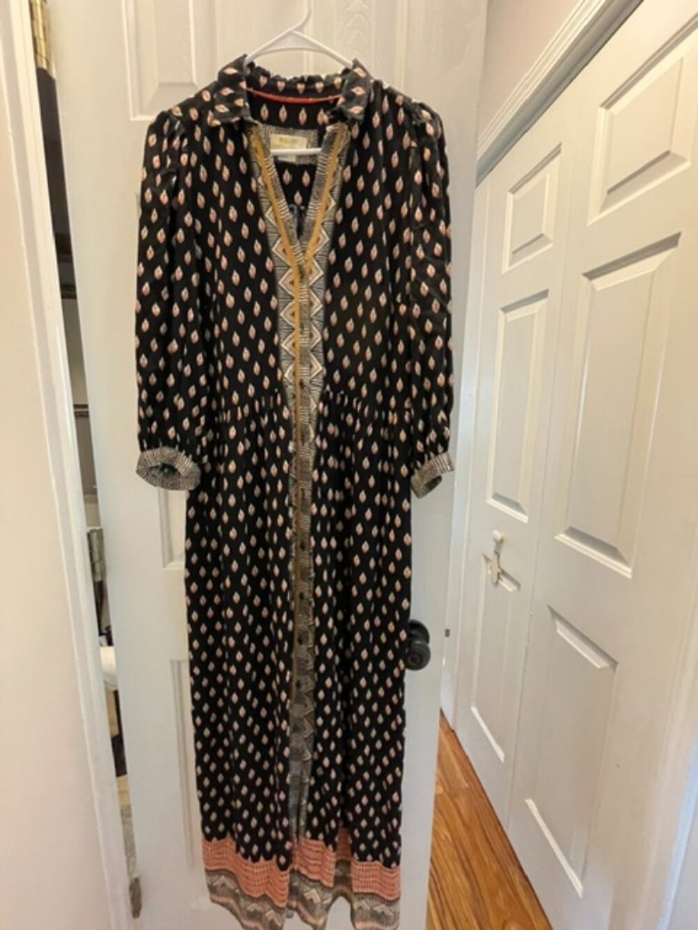 Anthropologie Maeve Bridgette Printed Maxi Shirt Dress 4 Black Geometric Boho